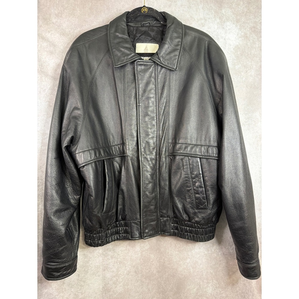 VTG London Fog Bomber Jacket Mens L Black Genuine Leather Quilted Lined Full Zip